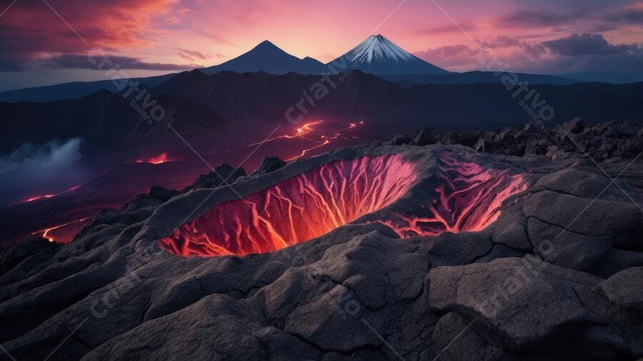 Foto Vulcão Ativo Cratera Lava Incandescente Pôr do Sol