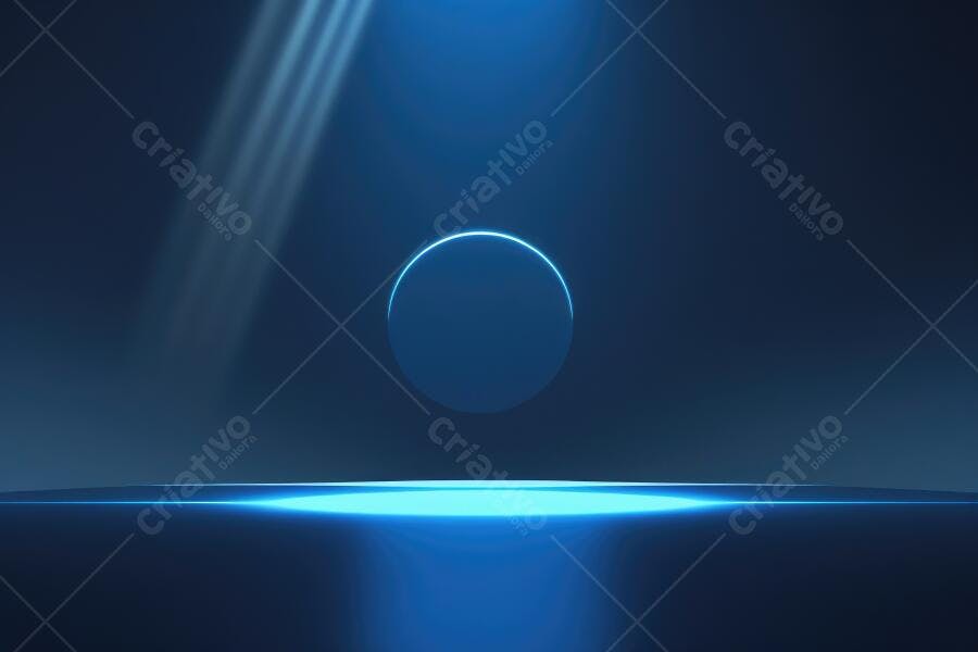 Fundo Abstrato Azul Neon com Círculo Flutuante e Holofotes