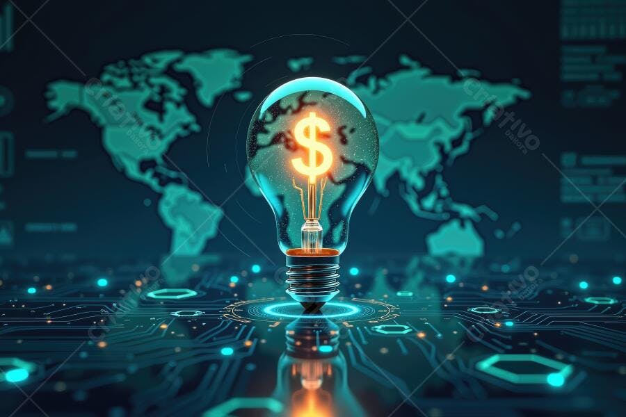 Foto Lâmpada Ideia Dólar Mapa Mundi Tecnologia Digital