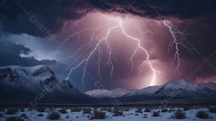 Foto Raios e Tempestade Noturna Montanhas Nevadas Céu Escuro