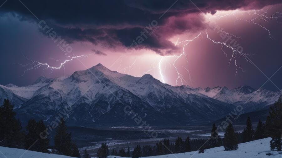 Foto Montanhas Nevadas com Raios Tempestade Noturna