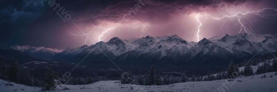 Foto Montanhas Nevadas com Raios Tempestade Noturna