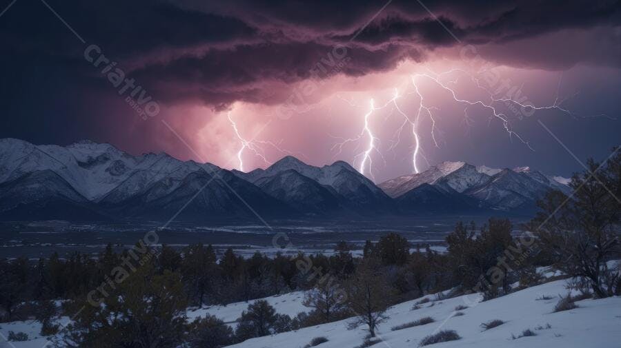 Foto Montanhas Nevadas com Raios Tempestade Noturna