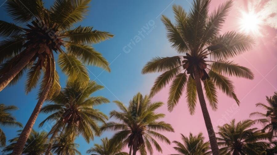 Foto Palmeiras Coqueiros Céu Azul Rosa Pôr do Sol Tropical