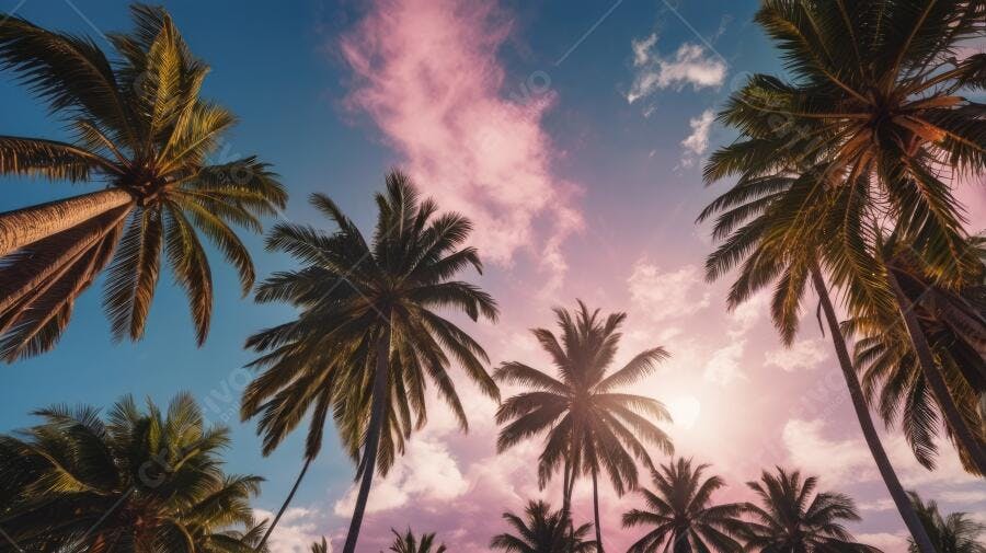 Foto Coqueiros Céu Azul Nuvens Rosadas Pôr do Sol Tropical