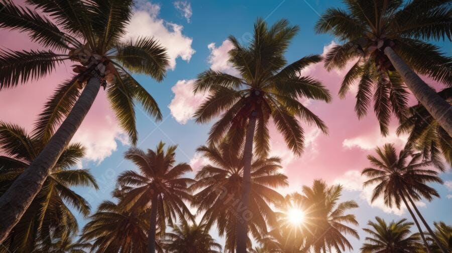Foto Coqueiros Pôr do Sol Céu Rosa Azul Praia Tropical