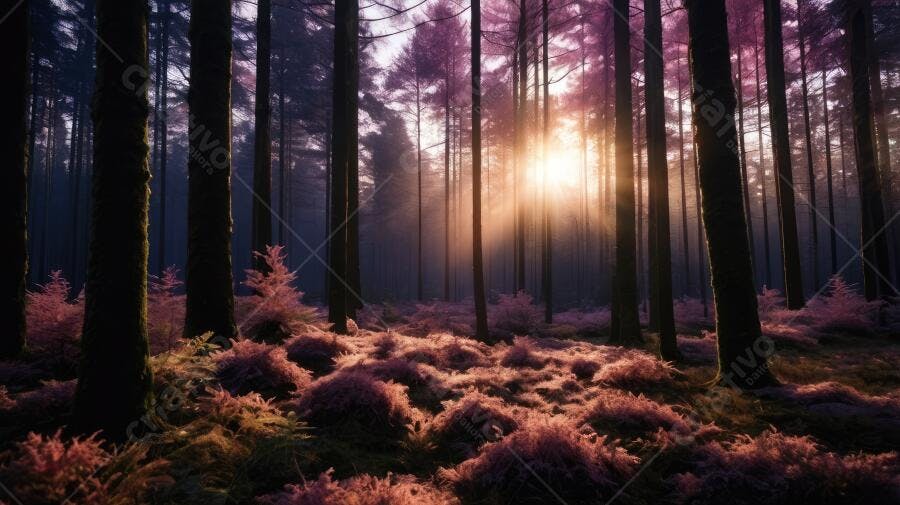 Foto Floresta Mística Pôr do Sol Raios de Luz Roxos