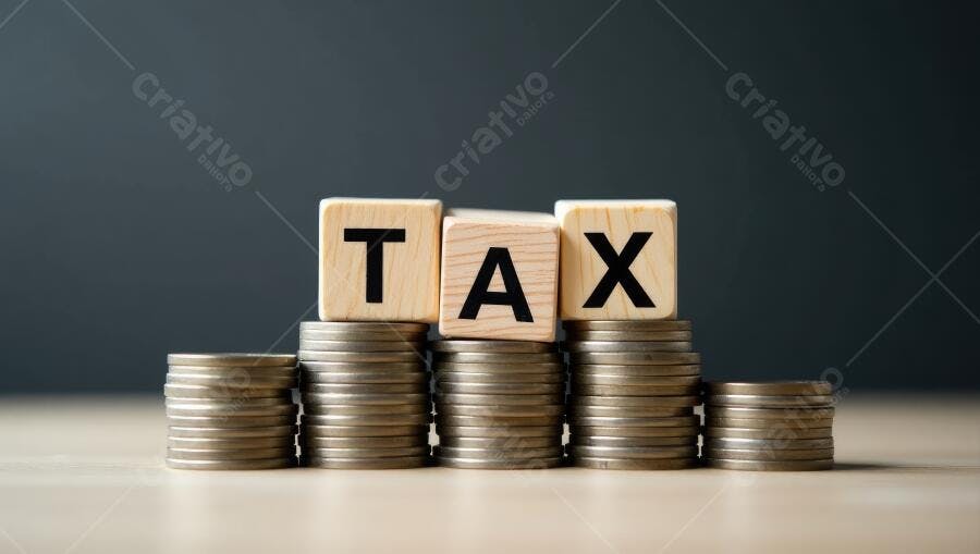 Foto Cubos de Madeira TAX sobre Pilhas de Moedas Impostos