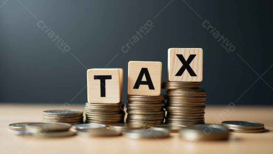 Foto Cubos de Madeira TAX sobre Pilhas de Moedas Impostos