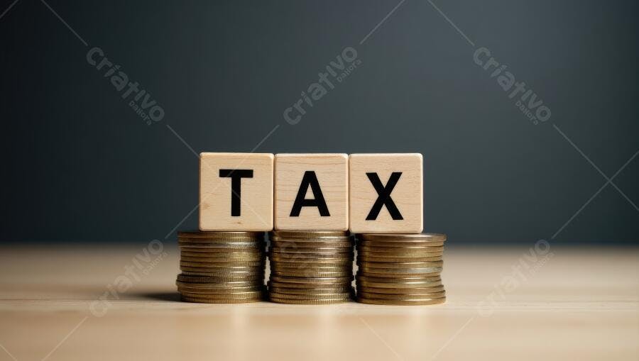 Foto Cubos de Madeira TAX sobre Pilhas de Moedas Fundo Escuro
