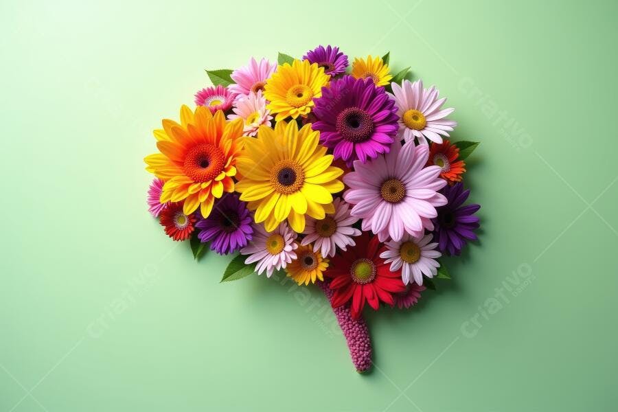 Foto Cérebro de Flores Coloridas Fundo Verde Pastel