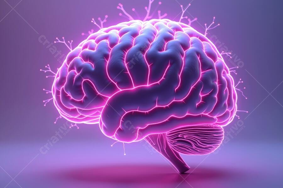 Cérebro Humano Neon Rosa Roxo Conexões Neurais