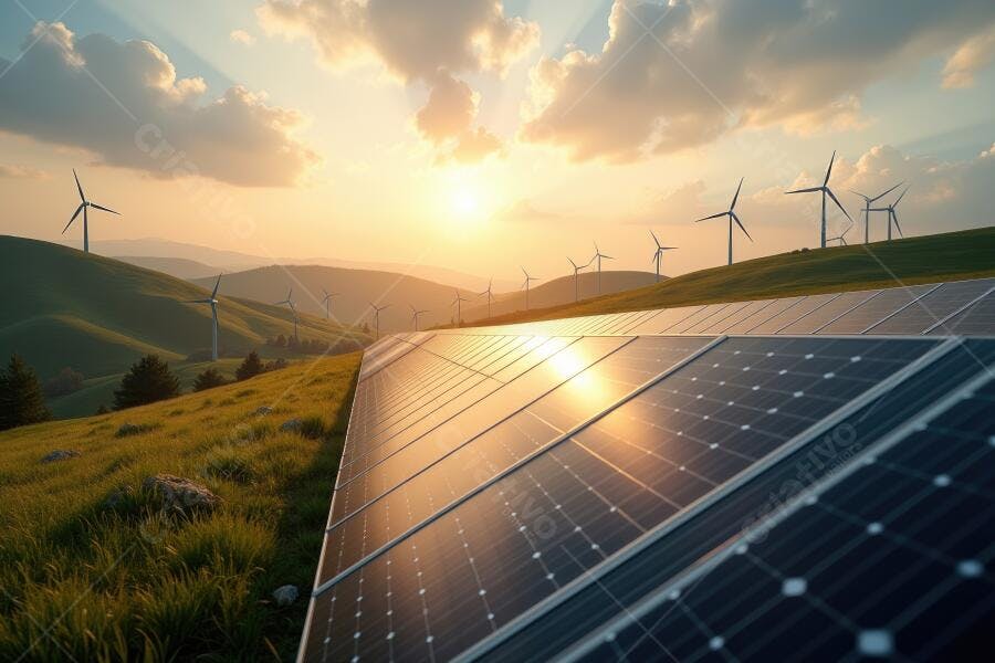 Foto Painéis Solares e Turbinas Eólicas Pôr do Sol Energia Limpa