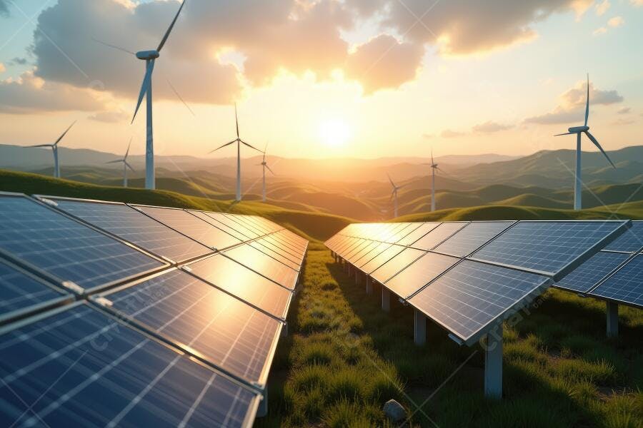 Foto Painéis Solares e Turbinas Eólicas Pôr do Sol Energia Limpa