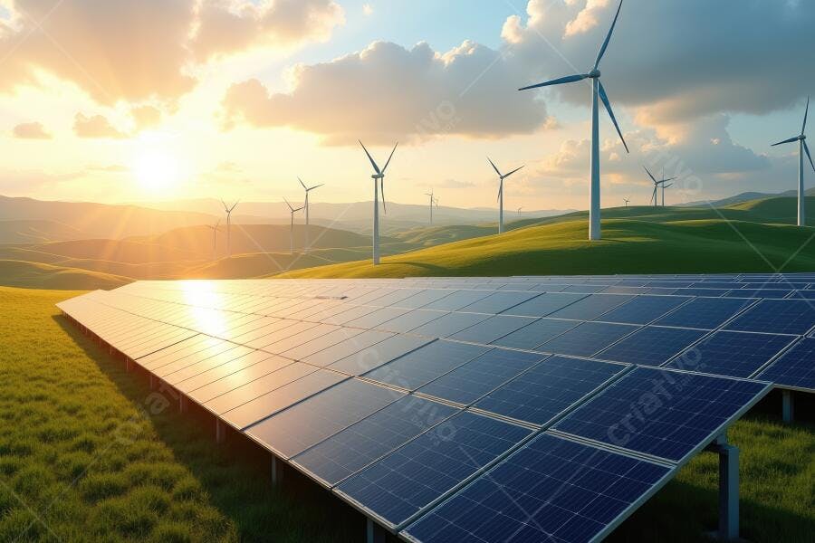 Foto Painéis Solares e Torres Eólicas Energia Renovável Pôr do Sol