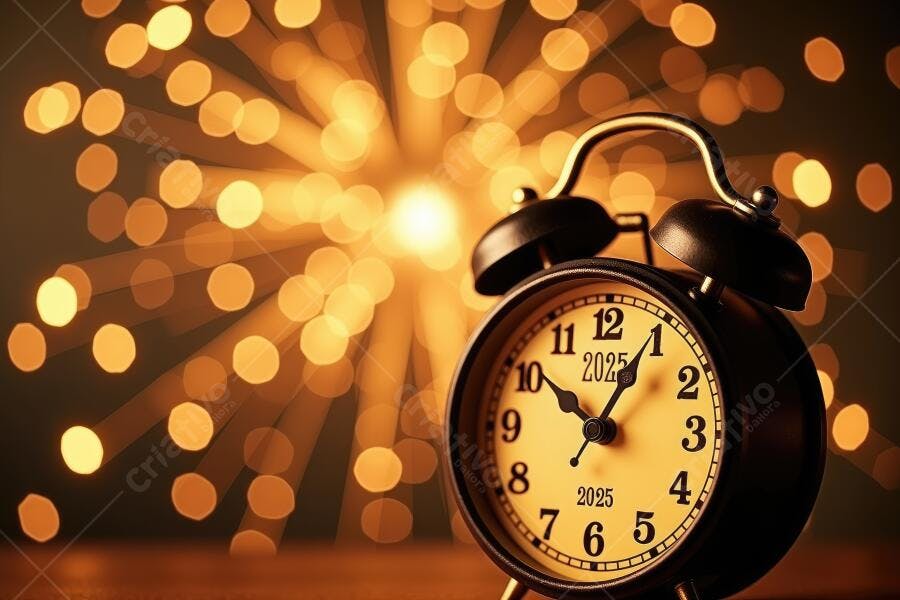 Foto Relógio Despertador Ano Novo 2025 Fundo Bokeh Dourado
