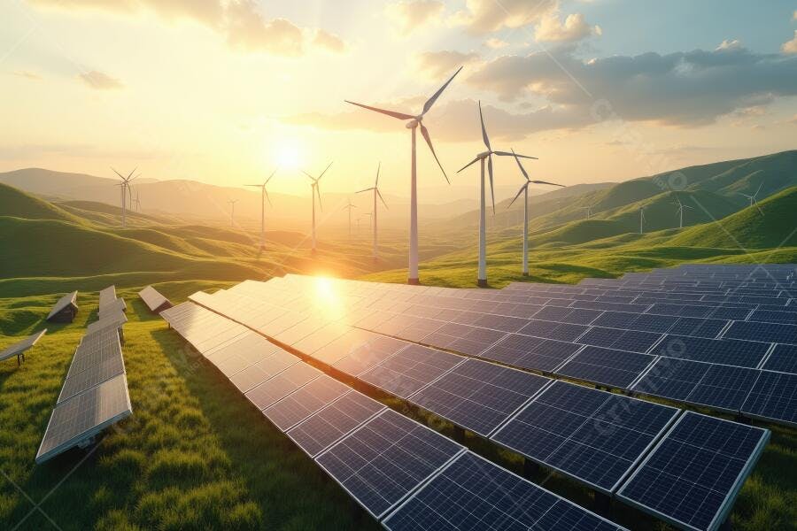 Foto Energia Solar Eólica Pôr do Sol Paisagem Verde