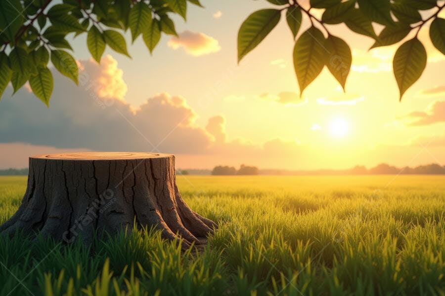Foto Tronco de Árvore Campo Verde Pôr do Sol Dourado