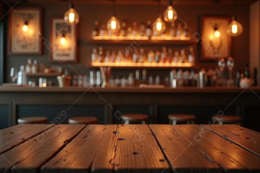 Foto Mesa de Madeira Vazia Balcão de Bar Iluminação Ambiente