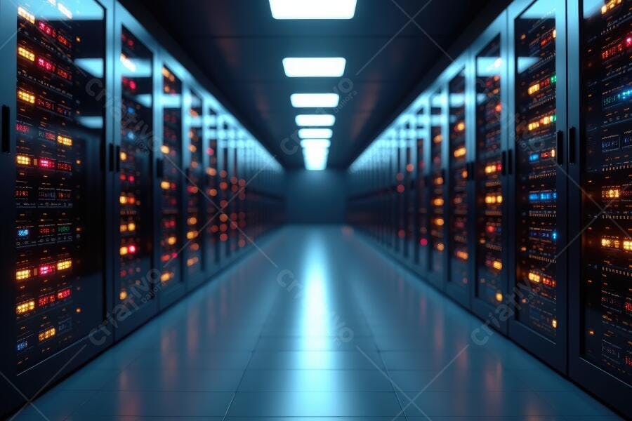 Foto Corredor Servidores Data Center Iluminação Azul Neon