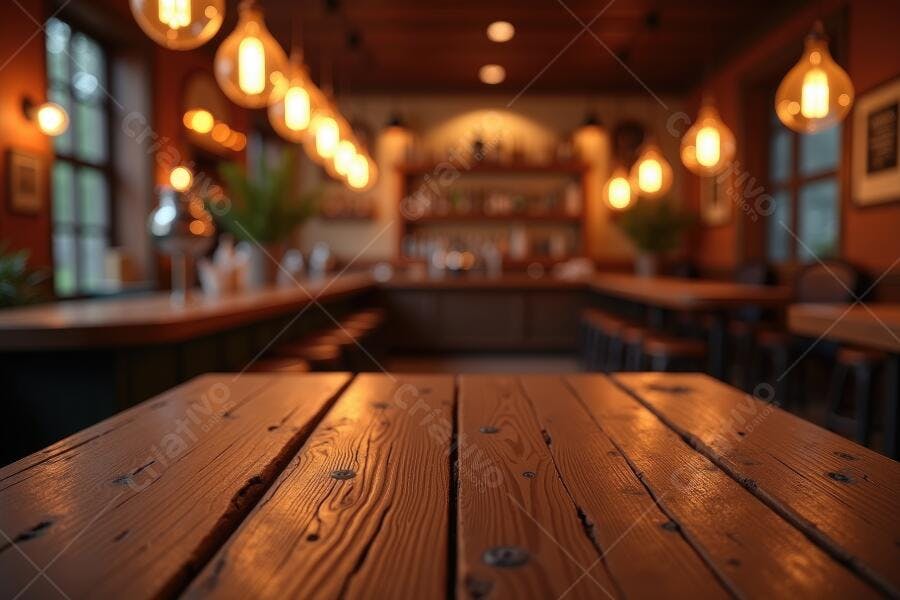 Foto Mesa de Madeira Vazia Restaurante Bar Iluminação Aconchegante