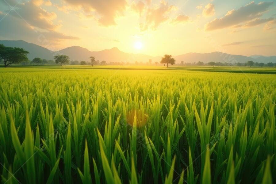 Foto Campo de Arroz Verde ao Pôr do Sol Paisagem Rural