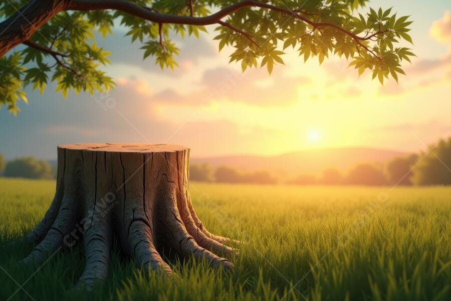 Foto Tronco de Árvore Campo Verde Pôr do Sol Dourado