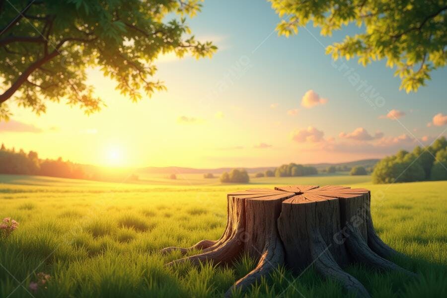 Foto Tronco de Árvore Campo Verde Pôr do Sol Natureza