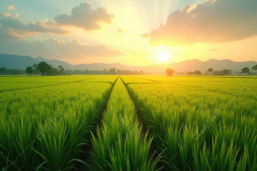 Foto Campo de Arroz Verde ao Pôr do Sol Paisagem Rural