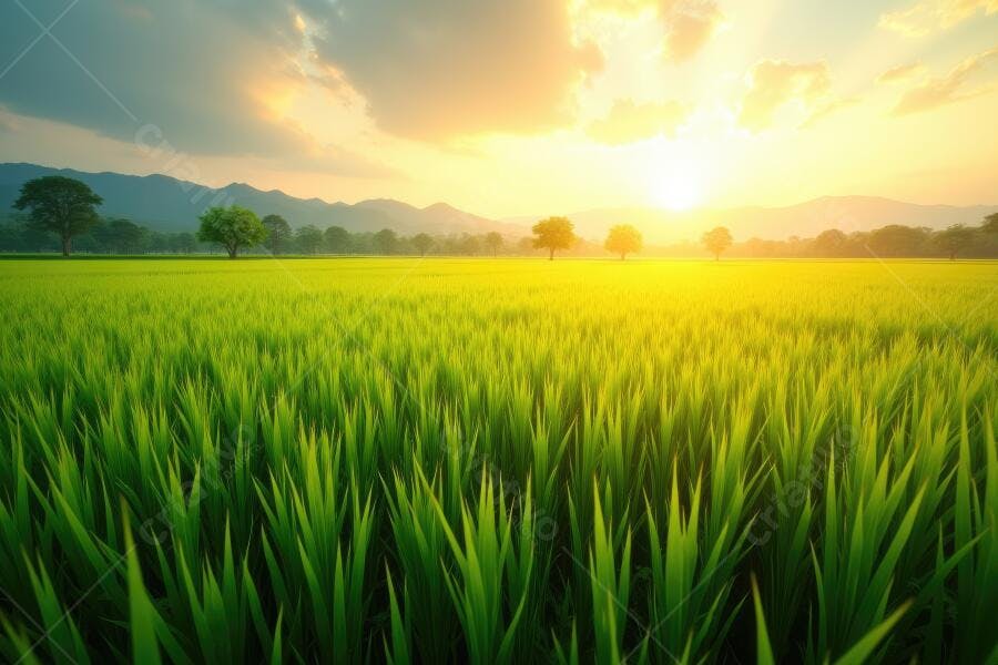 Foto Campo de Arroz Verde Pôr do Sol Dourado Natureza