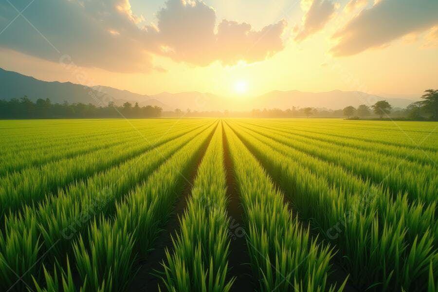 Foto Campo de Arroz Verde ao Pôr do Sol Paisagem Rural