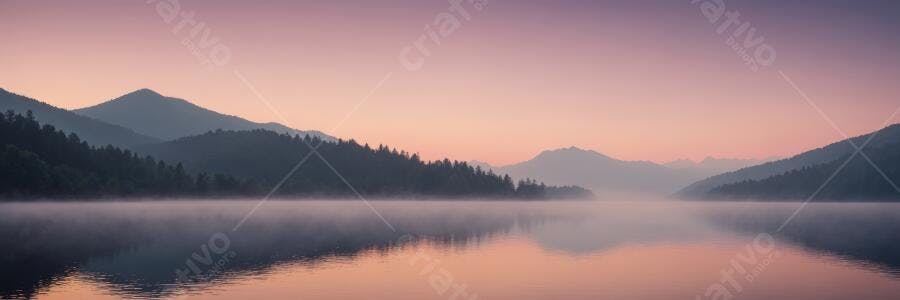 Foto Lago Montanhas Nevoeiro Amanhecer Tons Pastel