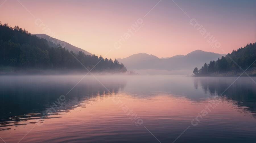 Foto Paisagem Lago Montanhas Névoa Amanhecer Tons Pastéis