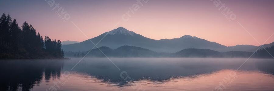 Foto Paisagem Lago Montanhas Nevadas Névoa Amanhecer Rosa
