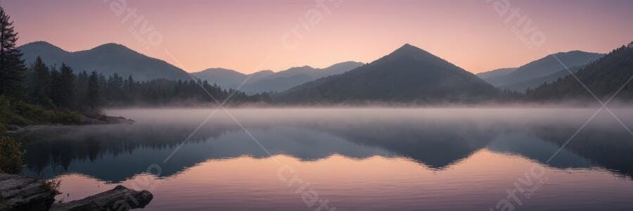Foto Paisagem Lago Montanhas Névoa Amanhecer Rosa