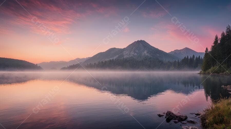 Foto Paisagem Montanhas Lago Neblina Amanhecer Rosa