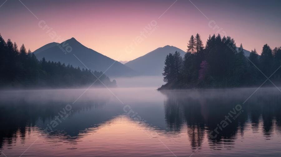 Foto Lago Montanhas Nevoeiro Amanhecer Rosa e Roxo