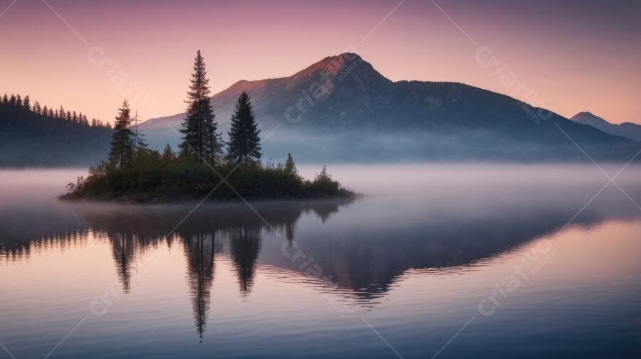 Foto Paisagem Ilha Pequena Lago Neblina Montanhas Amanhecer