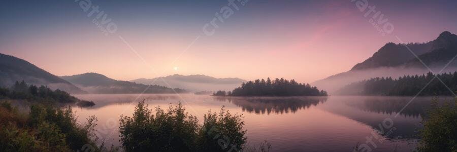 Foto Paisagem Lago Montanhas Névoa Amanhecer Rosa