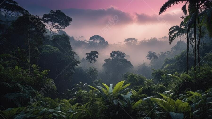 Foto Floresta Tropical Neblina Amanhecer Céu Rosa Púrpura