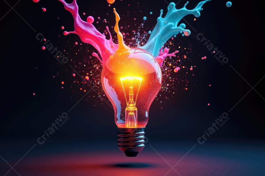 Foto Lâmpada Acesa Explosão de Tinta Colorida Fundo Escuro