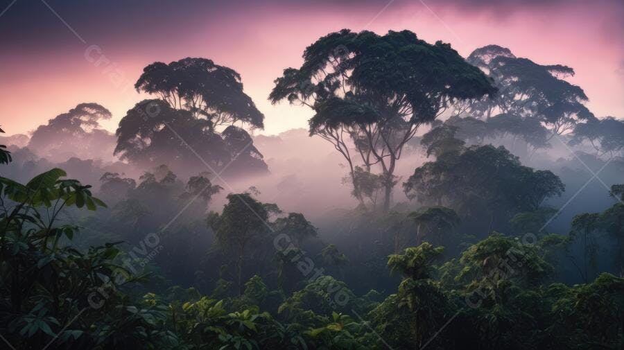 Foto Floresta Amazônica Neblina Amanhecer Céu Rosa Púrpura