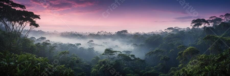Foto Floresta Tropical Neblina Amanhecer Céu Roxo Panorâmica