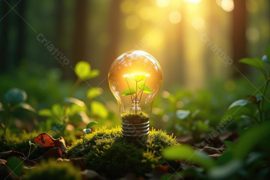 Foto Lâmpada Broto Verde Floresta Luz Solar Sustentabilidade