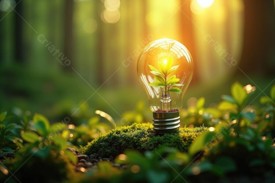 Foto Lâmpada com Planta Crescendo Floresta Sustentabilidade