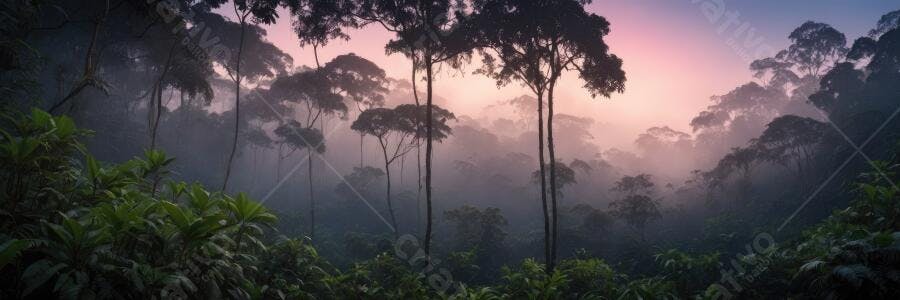 Foto Floresta Tropical Neblina Amanhecer Céu Rosa Púrpura