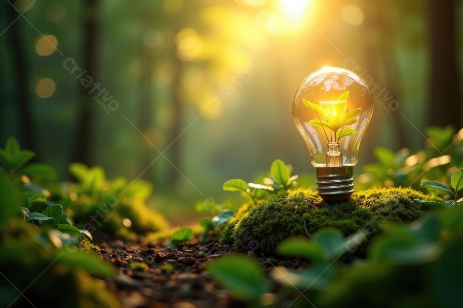 Foto Lâmpada com Planta Crescendo Floresta Sustentabilidade Energia Solar