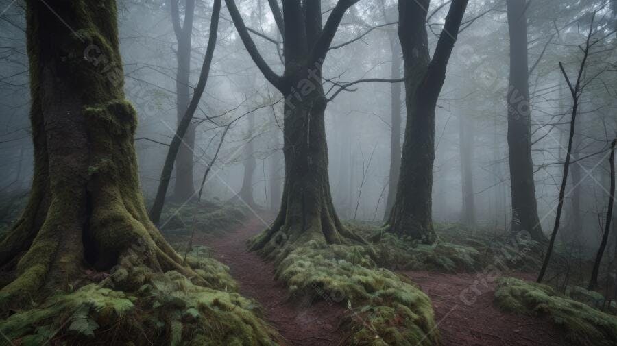 Foto Floresta Nebulosa Árvores Musgosas Caminho Misterioso