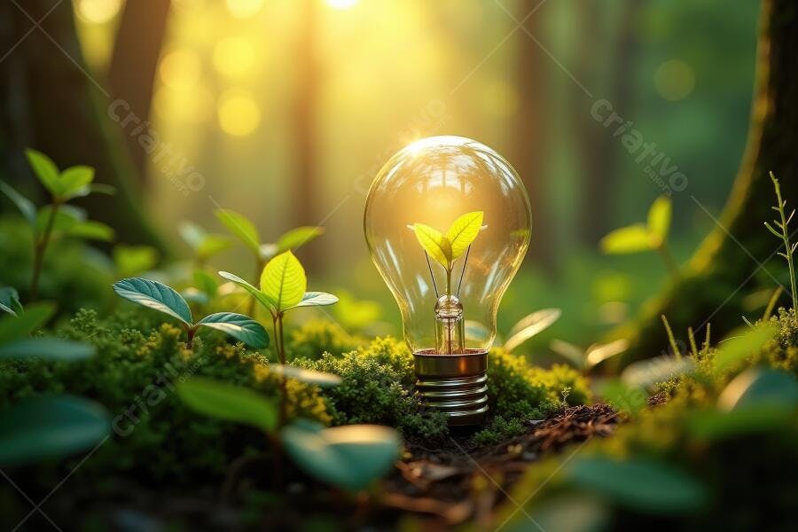 Foto Lâmpada com Broto Verde Crescendo Floresta Iluminada