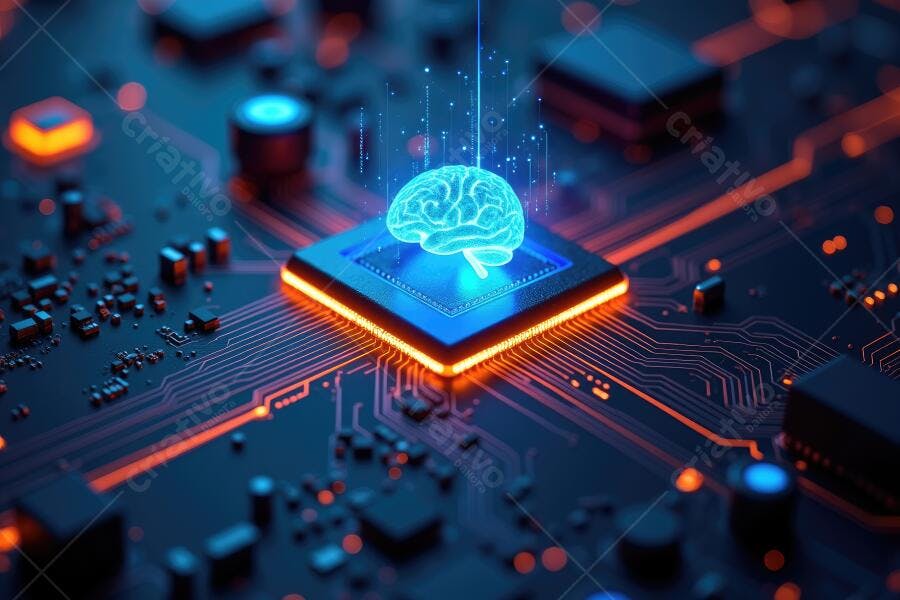 Foto Cérebro Humano Digital Brilhante em Chip de Computador